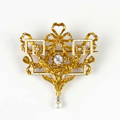 Belle Epoque gold, enamel and diamond brooch