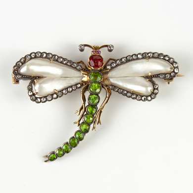 Art Nouveau demantoid garnet and pearls dragonfly brooch