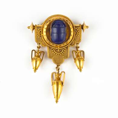 Neo Etruscan gold and lapis lazuli brooch