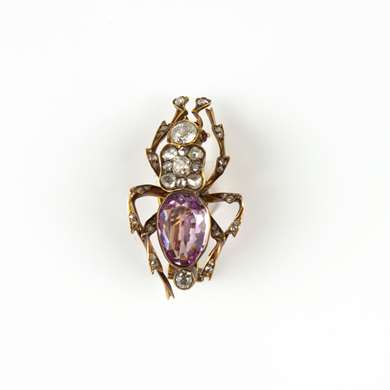 Victorian pink topaz, diamonds and gold insect brooch