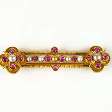Gold ruby diamond and pearl brooch