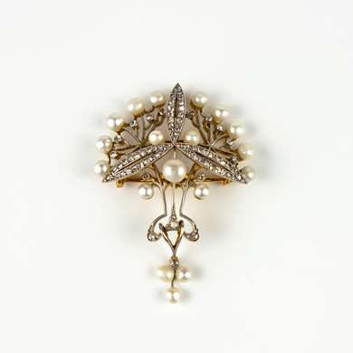 Pendentif Art Nouveau or, perles et roses de diamants
