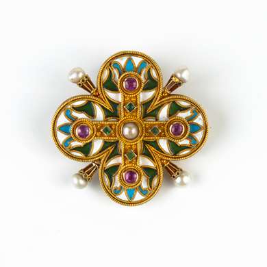 Gold, enamel, ruby, emerald and pearl brooch. 
