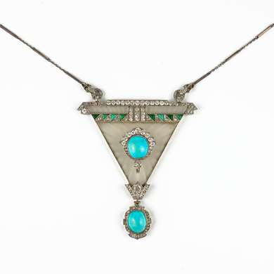 Art-Deco platinum, rock crystal, turquoise and diamonds pendant