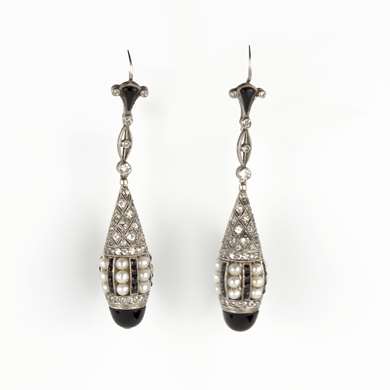 Pair of Belle Epoque pearl, diamond and onyx pendant earrings 