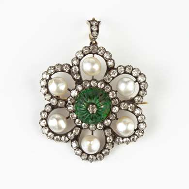 Emerald, pearls and diamonds brooch/pendant 