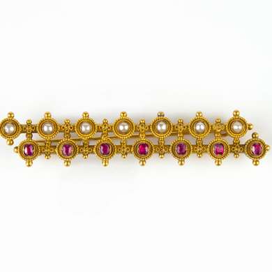 Etruscan Revival ruby and pearl brooch 