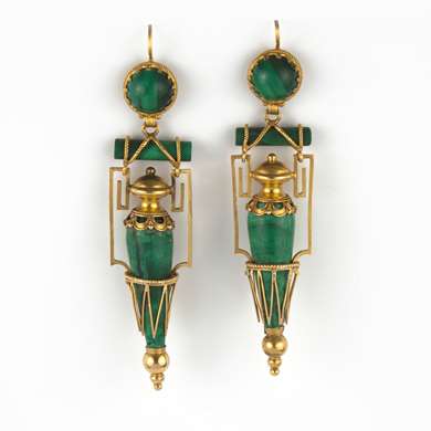 Etruscan revival gold and malachite earrings
