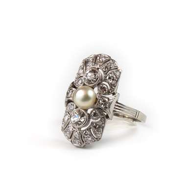 Art Deco platinum diamond and pearl ring  