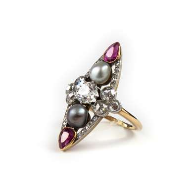 Gold marquise pearl, ruby and diamond ring