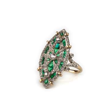 Belle Epoque gold  and platinum marquise emerald and diamond ring