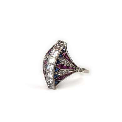 Belle Epoque platinum diamond sapphire and ruby ring