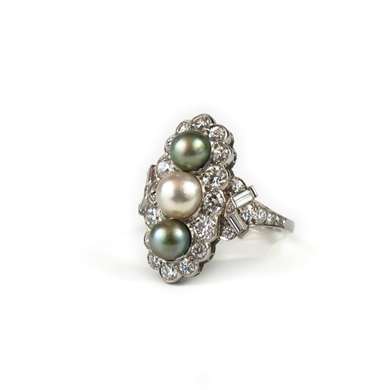 Platinum Marquise pearl and diamond ring