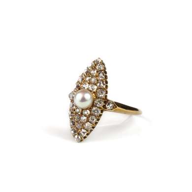 Gold marquise pearl and diamond ring