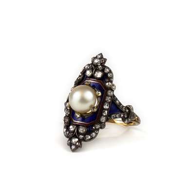 Pearl diamond and enamel ring 