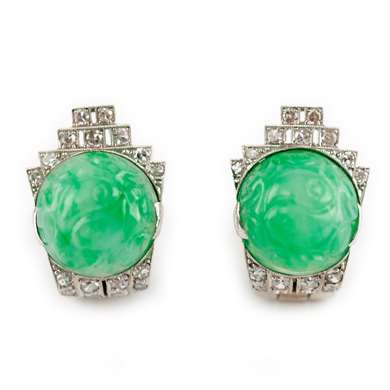 Art déco jade and diamond clips earrings