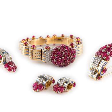 Ruby, diamond and gold bangle and brooch set