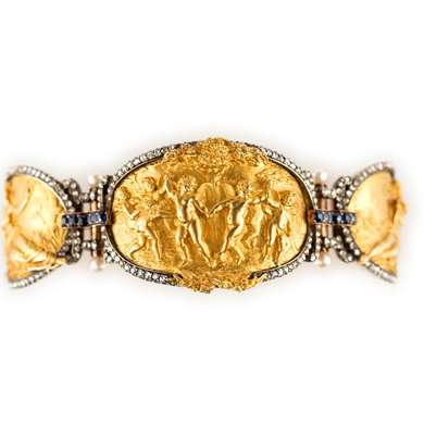 Gold figural panel bracelet with diamonds, sapphires and pearls by Eugène Bellosio, dated 1889