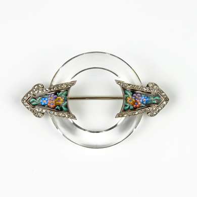 Art Deco rock crystal, enamel and diamond gold brooch