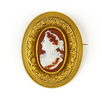 Cornelian cameo gold "Millefiori" brooch