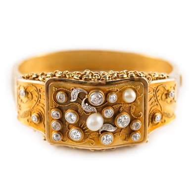 Victorian gold diamond and pearl bangle