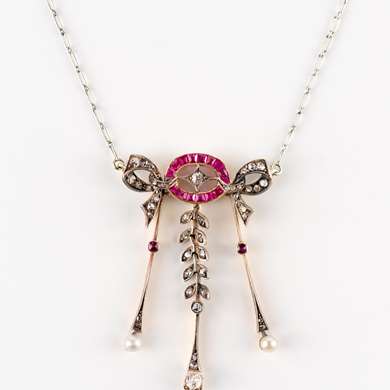 Belle Epoque gold, ruby, diamond and pearl pendant