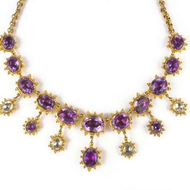 Early victorian amethyst and aquamarine gold necklace
