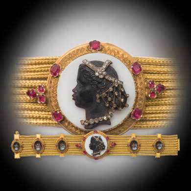 Bracelet or camée dit "tête de nègre habillé" rubis et diamants