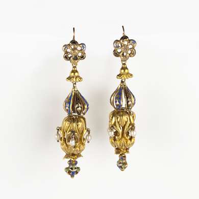 Pair of  gold enamel and pearl earrings 