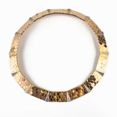 Gold diamond and sapphire honeycomb necklace