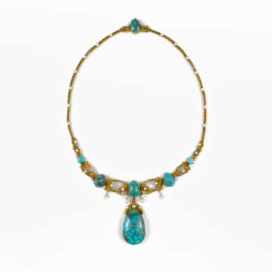 Art-Nouveau turquoise pearls and gold necklace