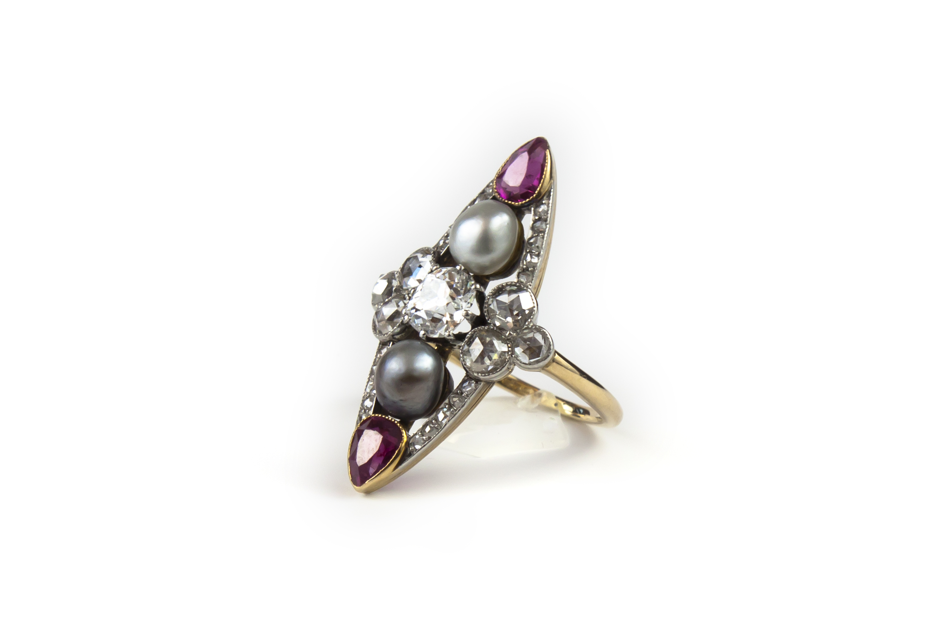 Gold marquise pearl, ruby and diamond ring