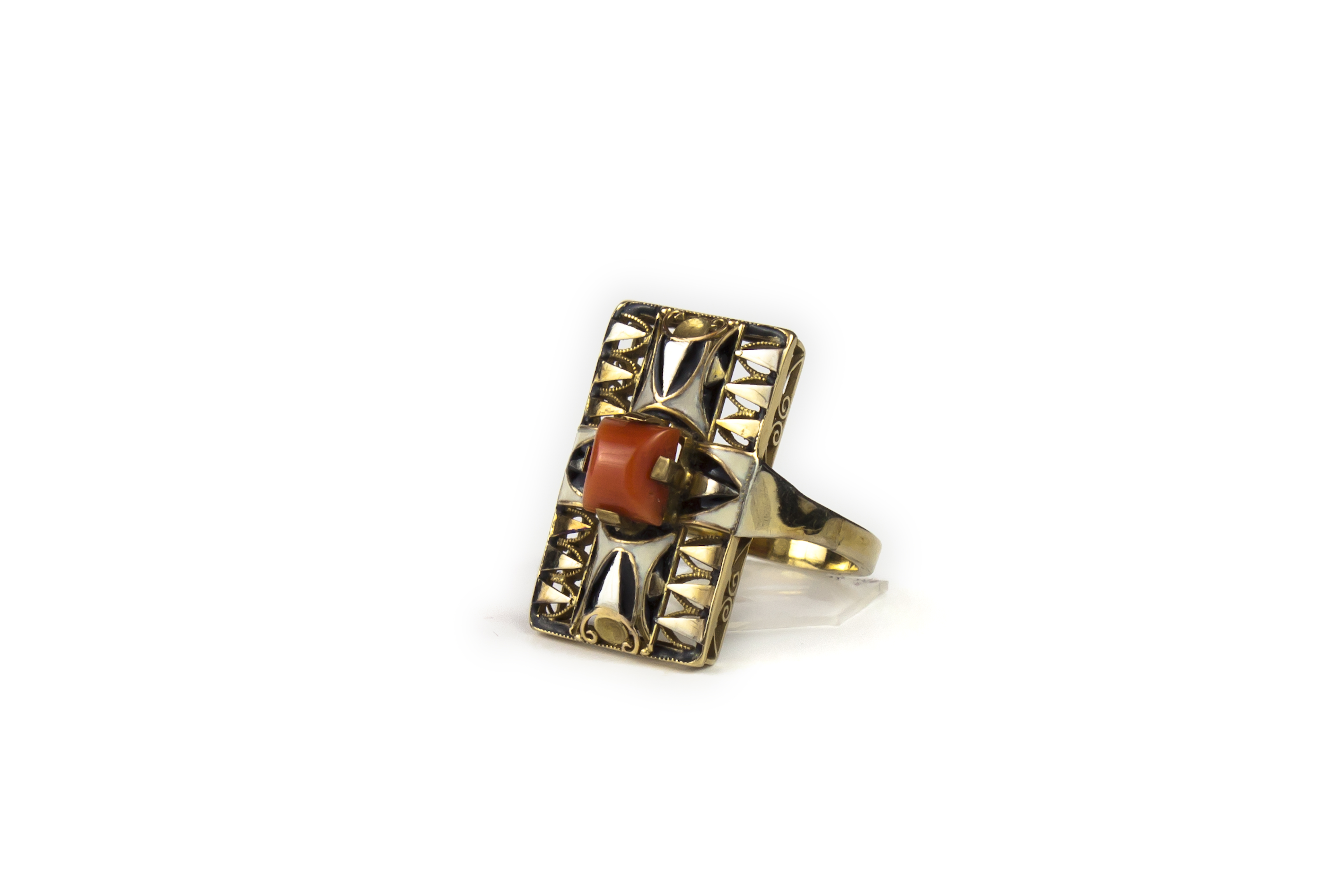 Bague Art déco or émail et corail 