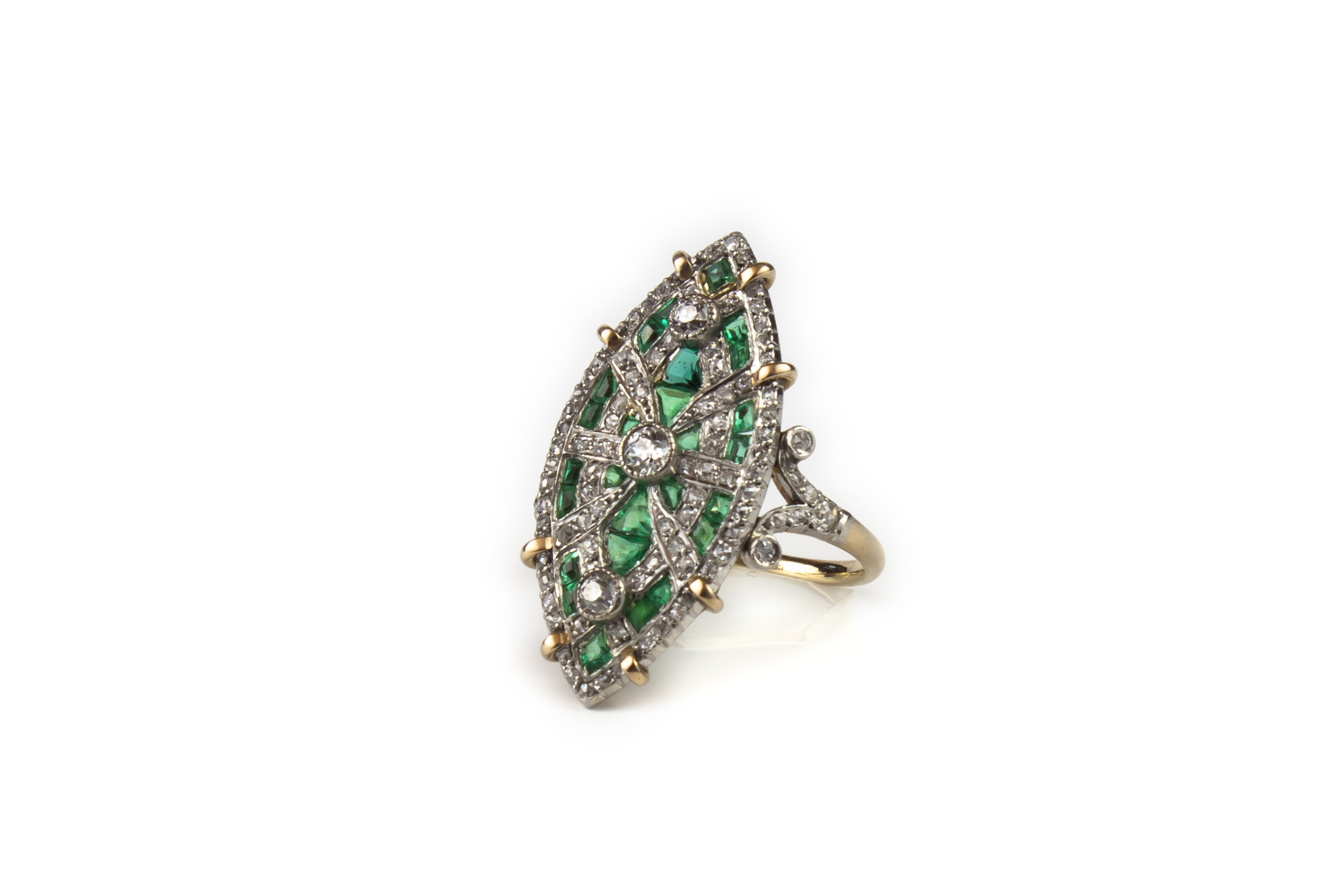 Belle Epoque gold  and platinum marquise emerald and diamond ring
