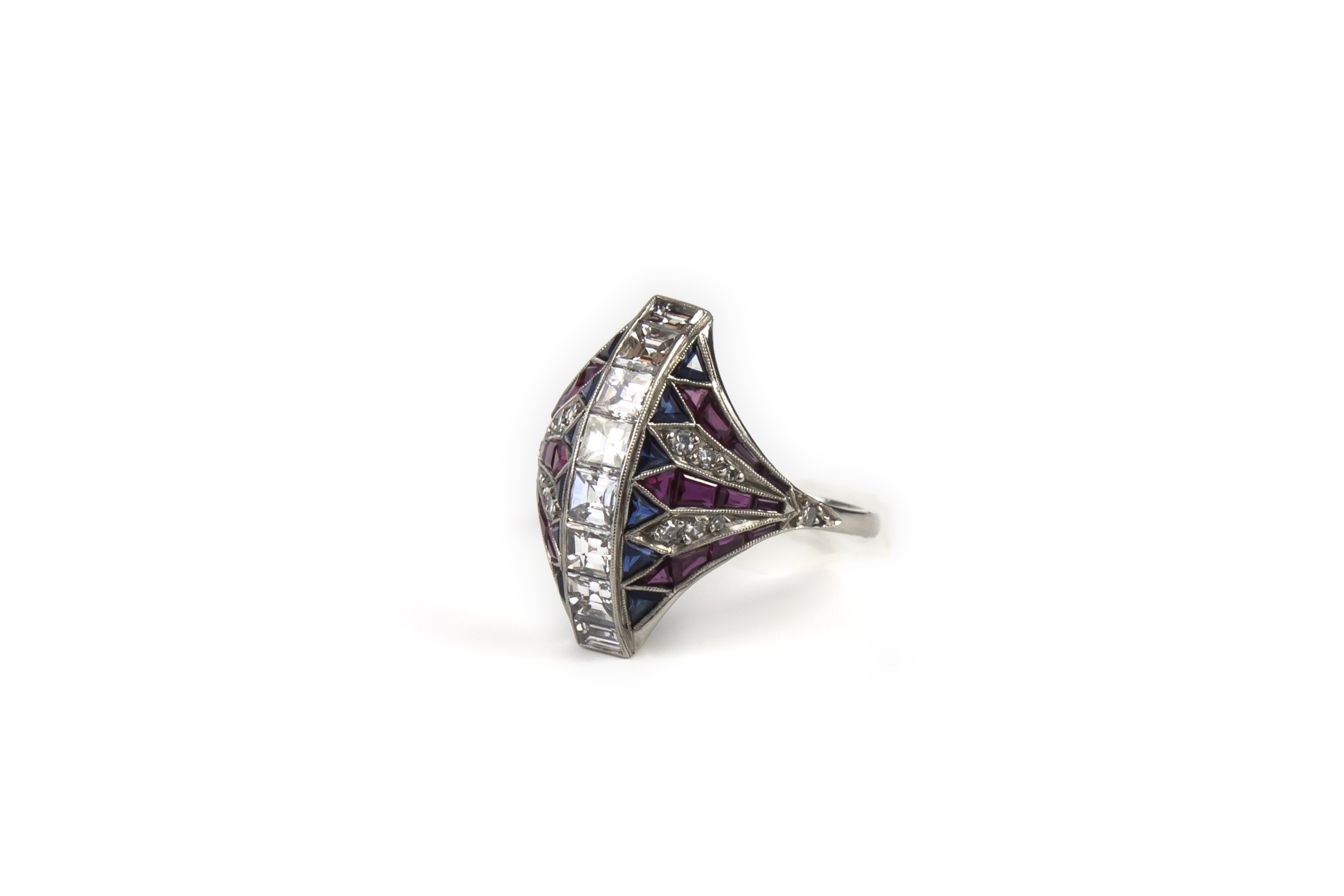 Belle Epoque platinum diamond sapphire and ruby ring