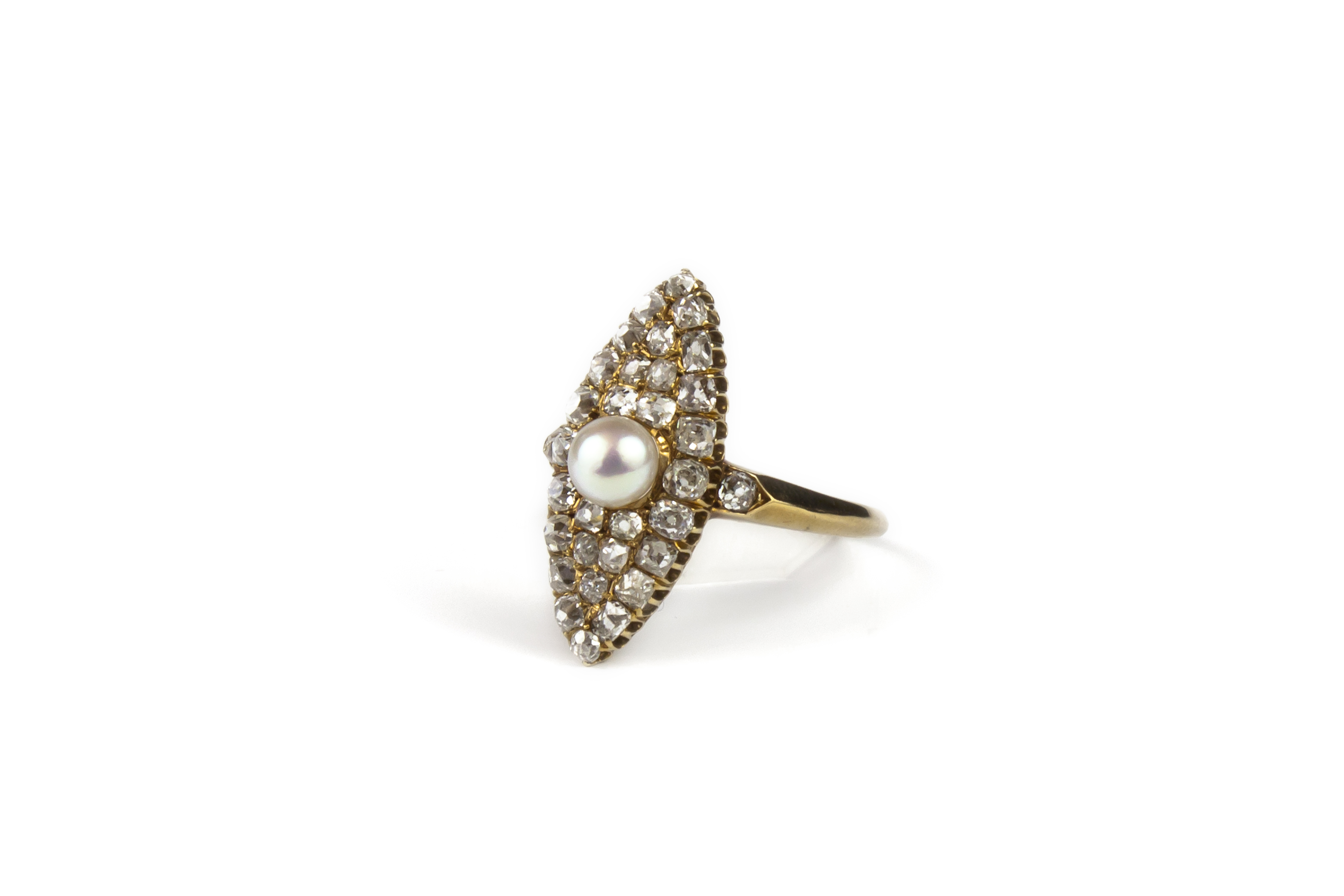 Gold marquise pearl and diamond ring