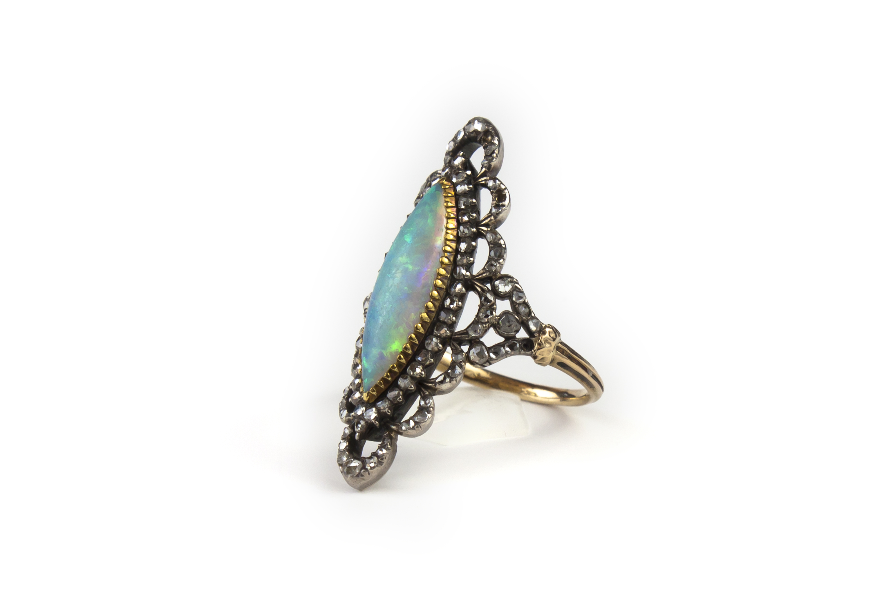Belle Epoque marquise opal and diamond ring 