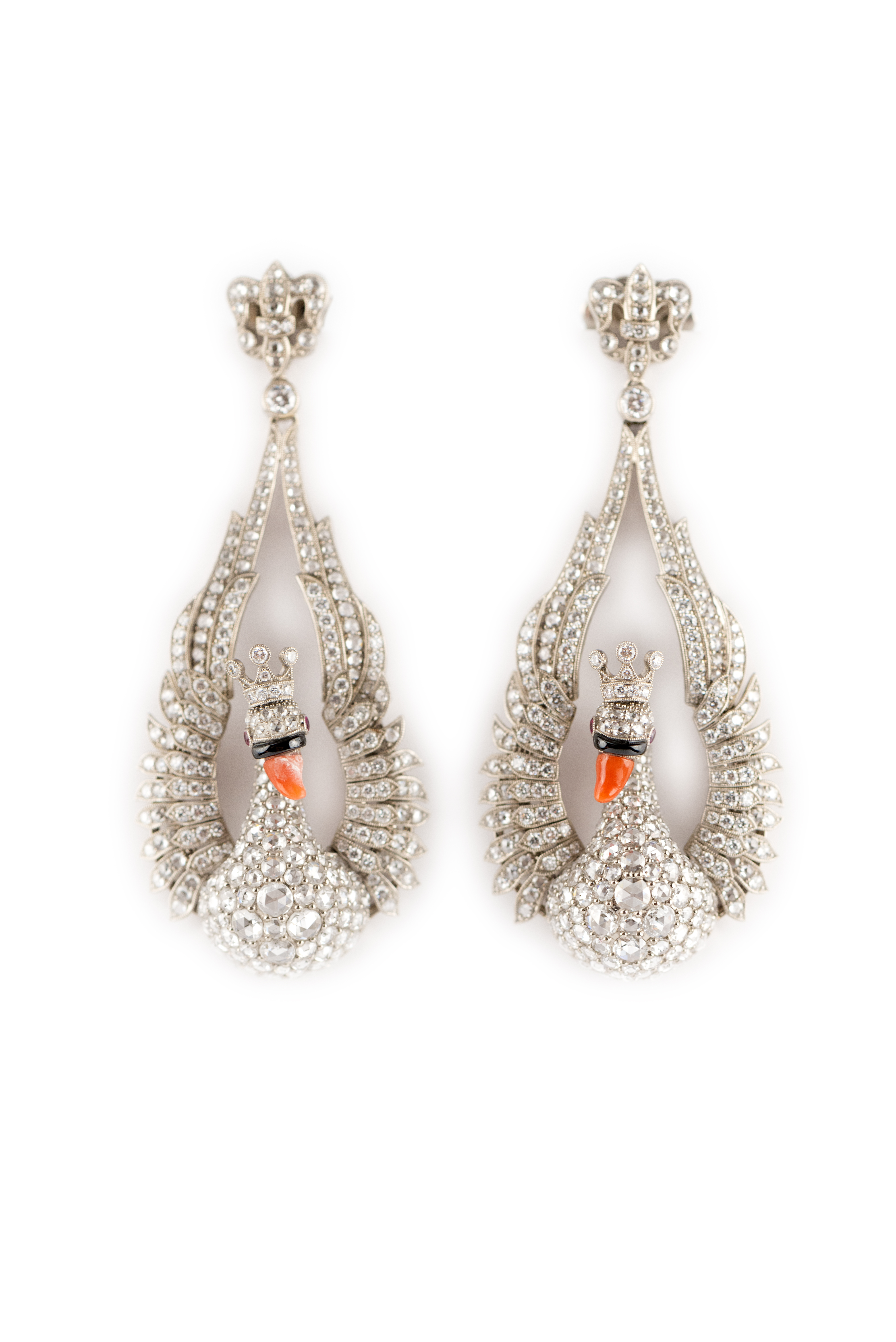 Gold diamond, onyx and coral swan earrings